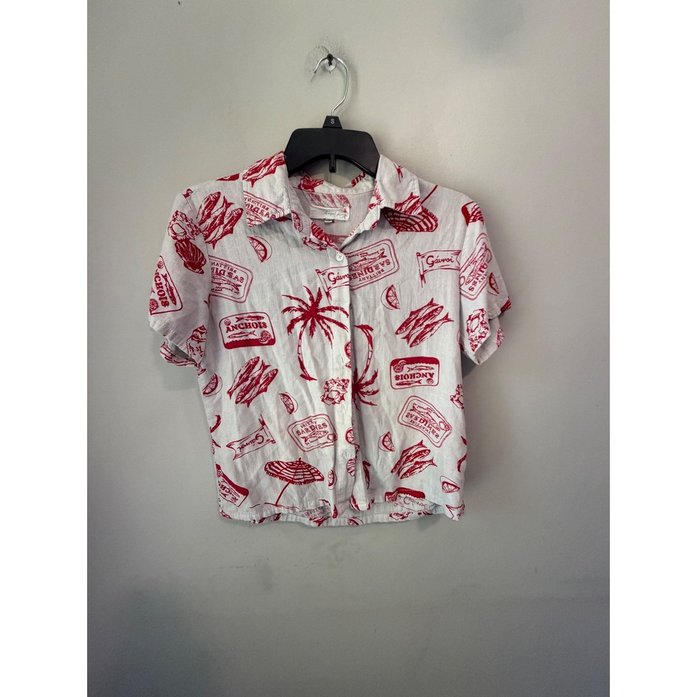 Angel Kiss Womens XS Linen Blend Sardine Tropical Print Button Down Shirt Red